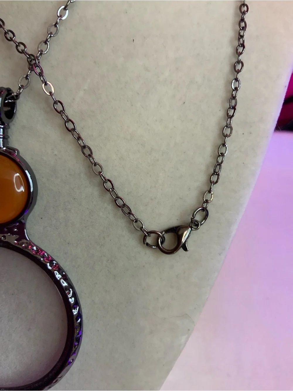 Large Orange and Silver Tone Magnifying Glass 30” Necklace (Z-15)
